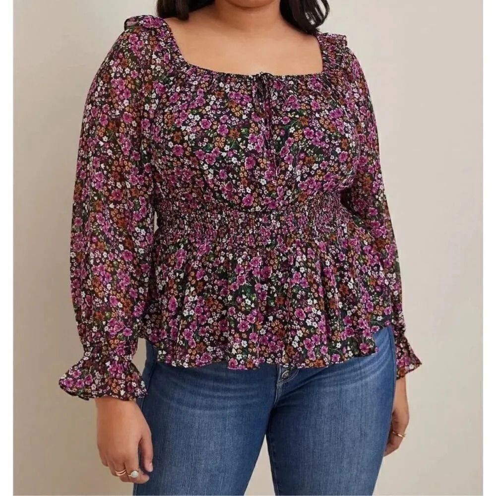 Torrid Beautiful Black Purple Floral Print Smocked Chiffon Top - 4x